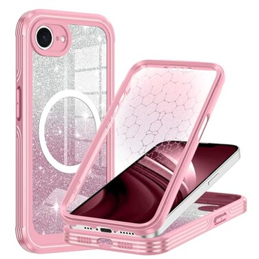 Hekodonk for iPhone 16e Case 2025 Compatible with Magsafe Builtin Tempered Glass Screen Protector Camera Lens Protection Full Body Shockproof Protective Women Girl Bling CaseAll Pink