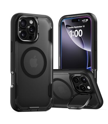 Mobnano for iPhone 16 Pro Max Case Compatible with MagSafe Translucent Matte Cover with Builtin Stand MilitaryGrade Heavy Duty Protection Shockproof Case with Camera Lens Guard Black