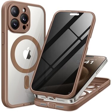 TIESZEN for iPhone 15 Pro Max Case Compatible with MagSafe Builtin Privacy Screen Protector and Camera Protection Anti Spy Full Body Dustproof Shockproof Hard Phone Case 67 Brown