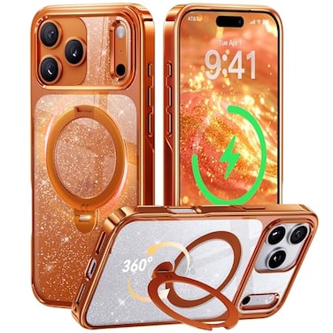 CASEKOO Pearlescent Shimmer 360 Spin Magnetic Stand for Glossy iPhone 17 Pro Max Case for Women Fit for MagSafe 17FT Drop Protection Chic Design for 17 Pro Max Case with Stand 69 Cosmic Orange