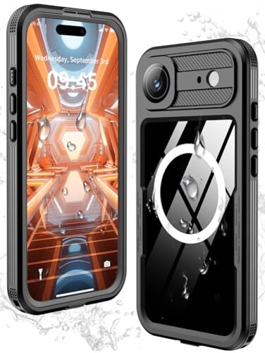 GOLDJU Magnetic for iPhone Air CaseWaterproof Builtin Screen Camera ProtectorIP68 Underwater Full Body 16FT Military Dropproof Shockproof Case for iPhone 17 Air 65 Black