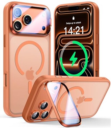 VOFATA Upgraded Full Camera Protection for iPhone 17 Pro Max Case with Camera Cover Stand Fit for MagSafe10FT MilGrade Protection Translucent Magnetic iPhone 17 Pro Max Phone Case Orange