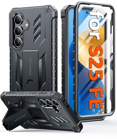 FNTCASE for Samsung Galaxy S25FE Case with Builtin Screen Protector Kickstand MilitaryGrade Drop Protection Heavy Duty Protective Full Body Shockproof Rugged Sturdy TPU Phone Cover Black