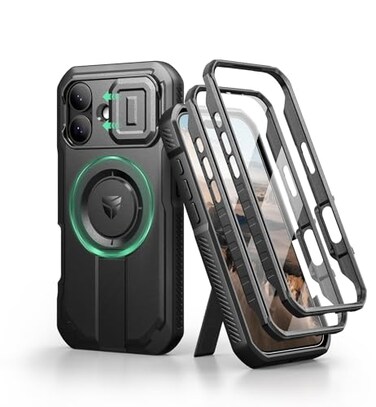 Dexnor for iPhone 17 Case with Slide Camera Cover Adjustable Kickstand Builtin Screen Protector Compatible with MagSafe Rugged Bumper Cases HeavyDuty Magnetic Protective Cover 63 Inch Black