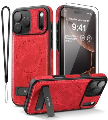 WTCASE Magnetic for iPhone 17 Pro Max Leather CaseBuiltin Invisible Stand Compatible with Magsafe Protective Slim Kickstand Phone Cover for iPhone 17 Pro MaxRed