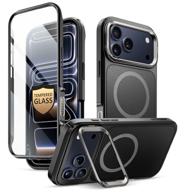 i-Blason iBlason for iPhone 17 Pro Max Case MagSafe with Stand 9H Tempered Glass Screen Protector Camera Control Button Cover MilitaryGrade Protection FullBody Heavy Duty Magnetic Case Black