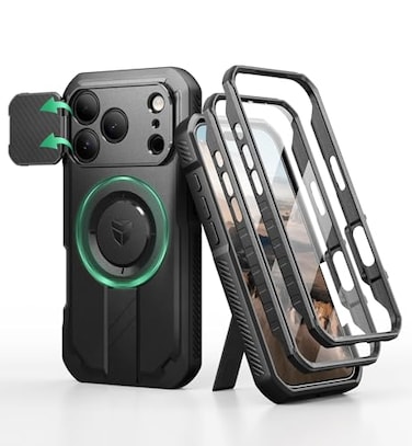 Dexnor for iPhone 17 Pro Case 2 Front Frame Builtin Flip Camera Cover Kickstand Compatible with MagSafe HeavyDuty Rugged Shockproof Portection Case with Screen Protector 63 inch Black