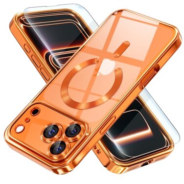 Misea Magnetic for iPhone 17 Pro Max Case Compatible with MagSafe Never Yellowing Military Grade Drop Protection Full Camera Lens Protector Plating Soft Clear Phone Case for Women Cosmic Orange