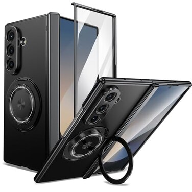 XIMAND for Samsung Galaxy Z Fold 7 Case with Magnetic Ring Holder 360 Rotating Bracket Hinge Protection Builtin Front Screen Protector Slim AntiDrop Shockproof CaseBlack