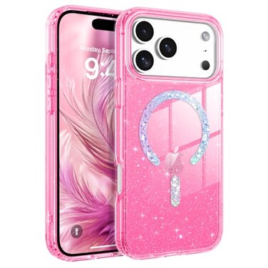 BENTOBEN Magnetic for iPhone 17 Pro Max Case Clear Crystal Glitter Bling 17 Pro Max Phone Case Compatible with MagSafe Shockproof Sparkly Cute Women Girl Cover for iPhone 17 Pro Max Hot Pink