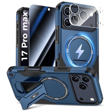Goton for iPhone 17 Pro Max Case with Privacy Tempered Glass Screen Protector Camera Lens Protector Compatible with MagSafe Invisible Kickstand Shockproof Phone Cover Blue