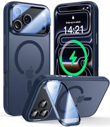 VOFATA Upgraded Full Camera Protection for iPhone 17 Pro Max Case with Camera Cover Stand Fit for MagSafe10FT MilGrade Protection Translucent Magnetic iPhone 17 Pro Max Phone Case Blue