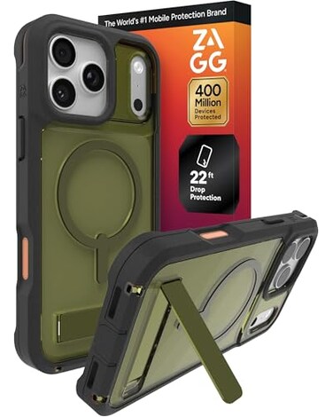 ZAGG Rainier Case with Kickstand for iPhone 17 Pro Max Green Sea Kelp Graphene 22ft 7m Drop Protection Lanyard Attach Points MagSafe Wireless Charging Compatible 2Piece Design Phone Case