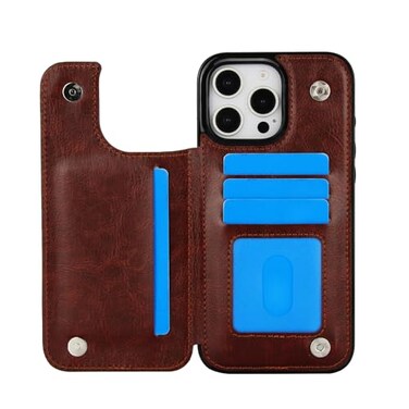 XIMAND for iPhone 16 Pro Max Case with Credit Card HolderRFID BlockingPU Premium Leather Double Magnetic Clasp Kickstand Heavy Duty Protective CoverBrown