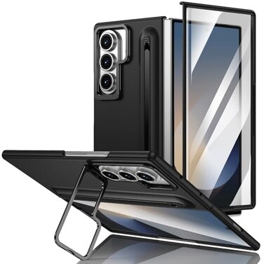 XIMAND for Samsung Galaxy Z Fold 7 Protect Case with Slim S Pen Slot Capacitance Pen Lens Stand and Bulitin Screen Protection Full Body Drop Fall ProtectionBlack