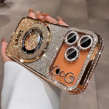 LXK Magnetic Stand for iPhone 17 Pro Max Case Compatible with MagsafeBuiltin Camera Lens Protector Glitter Bling Card Soft TPU Diamonds Bumper Protection Cover for Women Girls 69 Gold