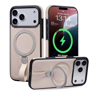 Bullroye for iPhone 17 Pro Max Leather Case with Glitter Sparkly Shiny Stand Fits for MagSafe Beige iPhone 17 Pro Max