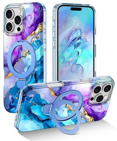 Lamcase for iPhone 16 Pro Max Case with Magnetic Invisible Ring Stand Compatible with MagSafe Full Body Rugged Slim Women Men Girl Shockproof Marble Pattern Design Case PurpleBlue
