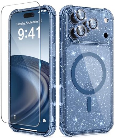 BERFY for iPhone 17 Pro Case for Women Compatible with MagSafe Clear Glitter Shockproof Protective Case AntiYellowing with Screen Protector 3 Diamond Camera Lens Covers 63 Sparkle Blue