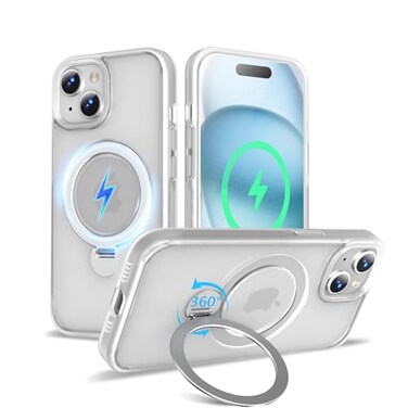 TaeliorTech Upgraded 360 Rotatable Magnetic Ring Stand for iPhone 15 Case 61 Compatible with MagSafe Military Drop Protection Matte Translucent Case for iPhone 15 Phone Case Frosted White