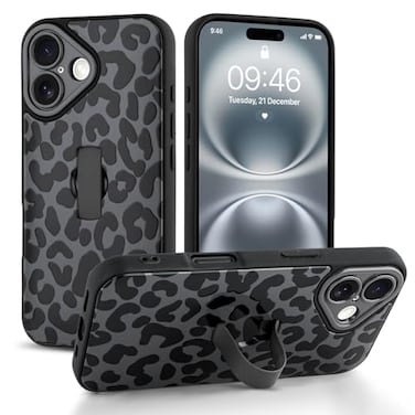 Jefonha Compatible with iPhone 16 Case with Finger Hand Strap Kickstand Trendy Cool Leopard Cheetah Print Phone Case for Women Men Full Camera Protection Shockproof Protective Cover Black