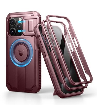 Dexnor for iPhone 15 Pro Case with Slide Camera Cover Adjustable Kickstand Builtin Screen Protector Magnetic Rugged Shockproof Bumper Cases HeavyDuty Magnetic Protective CoverMaroon Red
