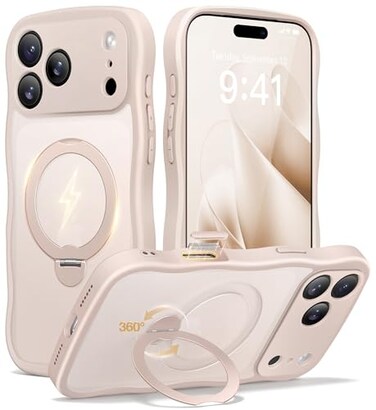 CAPRARO for iPhone 17 Pro Case with 360 Spin Magnetic Stand for Women Compatible with MagSafe Full Camera Protection Cute Wave Translucent Matte Case for iPhone 17 Pro Rose Gold