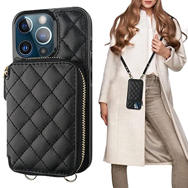 Bocasal Crossbody Wallet Case for iPhone 13 Pro RFID Blocking PU Leather Zipper Handbag Purse Flip Cover Kickstand Folio Case with Card Slots Holder Wrist Strap Lanyard 5G 61 Inch Black