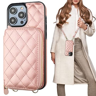 Bocasal Crossbody Wallet Case for iPhone 14 Pro Max RFID Blocking PU Leather Zipper Handbag Purse Flip Cover Kickstand Folio Case with Card Slots Holder Wrist Strap Lanyard 5G 67 Inch Rose Gold