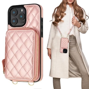 Bocasal Crossbody Wallet Case for iPhone 16 Pro Max RFID Blocking PU Leather Zipper Handbag Purse Flip Cover Kickstand Folio Case with Card Slots Holder Wrist Strap Lanyard 5G 69 Inch Rose Gold