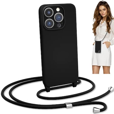 Blaspins Crossbody Lanyard Strap Case for iPhone 15 Pro HandsFree Neck Cross Body Wrist Adjustable Rope Removable Drop Protection Shockproof Silicone Case 61 inch 150 cm Strap iP15Pro Black