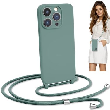 Blaspins Crossbody Lanyard Strap Case for iPhone 15 Pro HandsFree Neck Cross Body Wrist Adjustable Rope Removable Drop Protection Shockproof Silicone Case 61 inch 150 cm Strap iP15Pro Pine Green