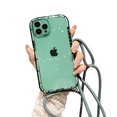 ELTIIGO for iPhone 14 Pro Clear Case with Crossbody Nylon Lanyard Slim Translucent Shockproof Soft Protective Cover with AntiLost Detachable Adjustable Shoulder Neck Strap for Girls Women Green