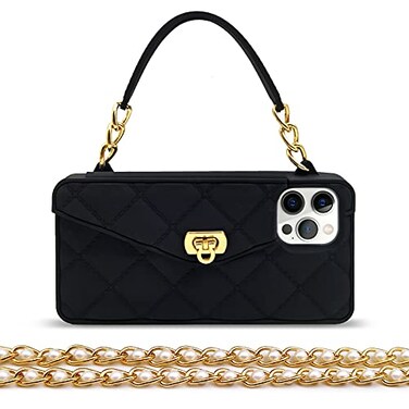 Omio for iPhone 16 Pro Max Wallet Case with Card Holder Luxury Chain Case with Long Pearl Shoulder Crossbody Lanyard Wrist Strap Soft Silicone Handbag Cover for iPhone 16 Pro Max Women Girls Black