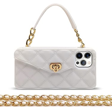 Omio for iPhone 16 Pro Max Wallet Case with Card Holder Luxury Chain Case with Long Pearl Shoulder Crossbody Lanyard Wrist Strap Soft Silicone Handbag Cover for iPhone 16 Pro Max Women Girls White