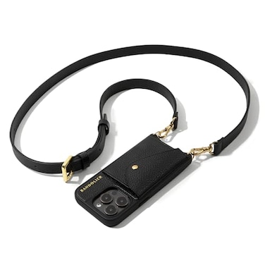 Bandolier Hailey Crossbody Wallet Phone Case for iPhone 16 Pro Max 100 Genuine Pebble Leather with Gold Hardware Adjustable Removable Strap Expandable Flip Card Holder Black with Gold