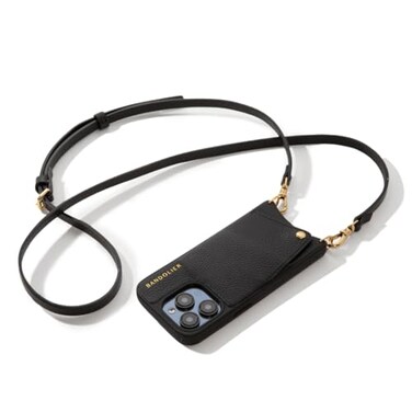 Bandolier Emma Crossbody Wallet Phone Case for iPhone 15 Pro Max 100 Genuine Pebble Leather Adjustable Removable Crossbody Strap Card Holder with Snap Closure Black with Gold Hardware