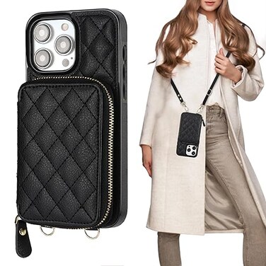 Bocasal Crossbody Wallet Case for iPhone 15 Pro Max RFID Blocking PU Leather Zipper Handbag Purse Flip Cover Kickstand Folio Case with Card Slots Holder Wrist Strap Lanyard 5G 67 Inch Black