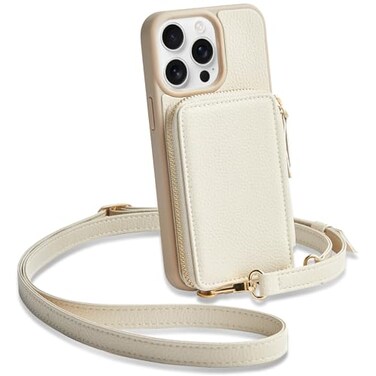 ZVE for iPhone 15 Pro Max Wallet Case Crossbody Card Holder Phone Purse for Women RFID Blocking Zipper Leather Cover with Wrist Strap for iPhone 15 Pro Max 67 inch Beige