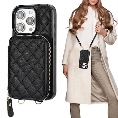 Bocasal Crossbody Wallet Case for iPhone 15 Pro RFID Blocking PU Leather Zipper Handbag Purse Flip Cover Kickstand Folio Case with Card Slots Holder Wrist Strap Lanyard 5G 61 Inch Black