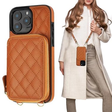 Bocasal Crossbody Wallet Case for iPhone 16 Pro Max RFID Blocking PU Leather Zipper Handbag Purse Flip Cover Kickstand Folio Case with Card Slots Holder Wrist Strap Lanyard 5G 69 Inch Brown