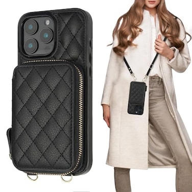 Bocasal Crossbody Wallet Case for iPhone 16 Pro Max RFID Blocking PU Leather Zipper Handbag Purse Flip Cover Kickstand Folio Case with Card Slots Holder Wrist Strap Lanyard 5G 69 Inch Black