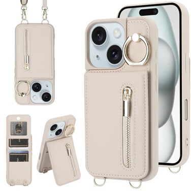 Jcxtrombulous for iPhone 1314 Wallet Case with Strap Card Slot Holder RFID Blocking Ring KickstandMagnetic Flip Folio Zipper Crossbody Purse Case with LanyardPU Leather Cover HandbagBeige