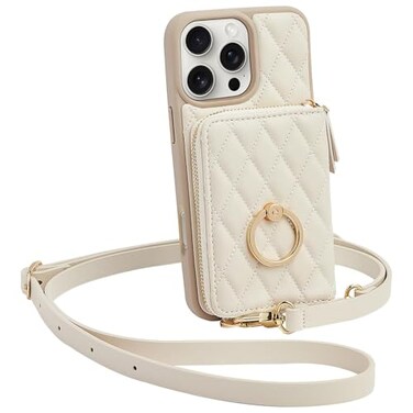 ZVE Wallet Case for iPhone 16 Pro Max with Card Holder Ring Stand Crossbody Zipper Wallet Lanyard Case for iPhone 16 Pro Max 69 InchBeige