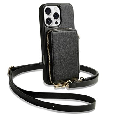 ZVE for iPhone 16 Pro Wallet Case with Card Holder Zipper Crossbody Case with Wrist Strap for Women for iPhone 16 Pro 63 Black