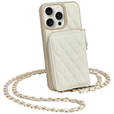 LAMEEKU Compatible with iPhone 16 Pro Wallet Case with Card HolderQuilted Leather Zipper Crossbody Case for Women Design for iPhone 16 Pro 63 Beige