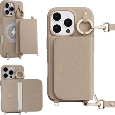 MAGEASY Pouch MagSafe Crossbody Wallet Phone Case for iPhone 16 Pro Removable Wallet with Strap Shockproof Protection Card Holder Coin Pocket Magnetic Purse Compatible with MagSafe Camel Brown