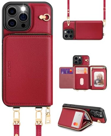 OCASE Compatible with iPhone 16 Pro Max Crossbody Wallet Case with Card Holder PU Leather Zipper Handbag Phone Purse with RFID Blocking Kickstand Wrist Strap Lanyard 69 Inch Dark Red