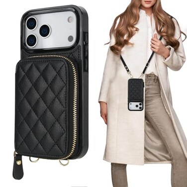 Bocasal Crossbody Wallet Case for iPhone 17 Pro Max RFID Blocking PU Leather Zipper Handbag Purse Flip Cover Kickstand Folio Case with Card Slots Holder Wrist Strap Lanyard 5G 69 Inch Black