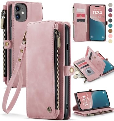 Defencase Compatible with iPhone 11 Case Wallet with RFID Blocking Card Holder for Women and Men Fashion PU Leather Magnetic Snap Flip Zipper Strap Wallet Phone Case Fit for iPhone 11 61 Rose Pink
